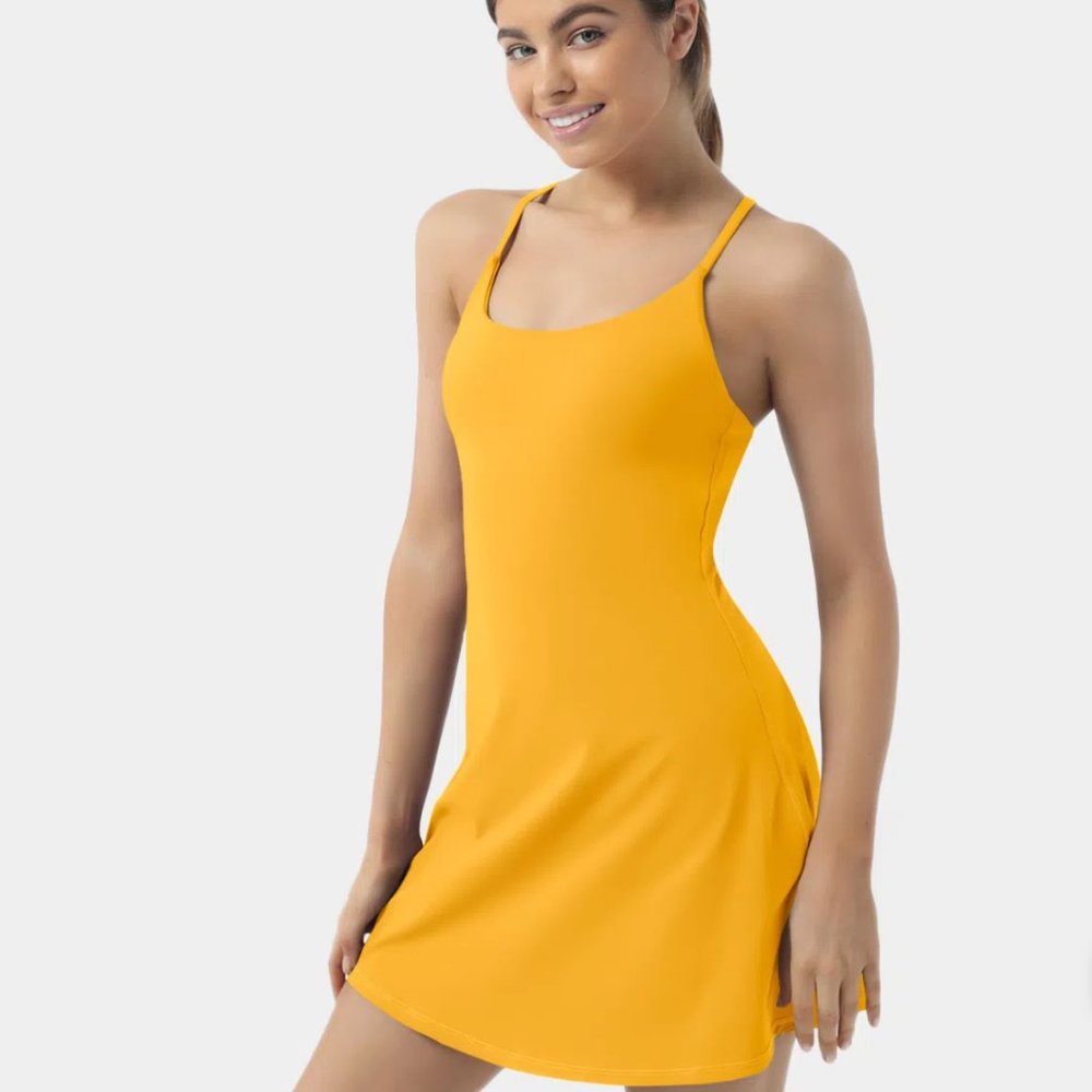Everyday Racerback Workout Dress with Built-in Bra and Pockets in Mustard - SM
